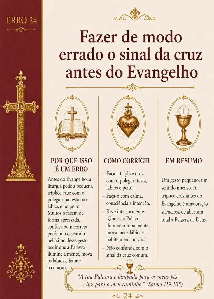 Página do Erro 24 da cartilha — Fazer de modo errado o sinal da cruz antes do Evangelho